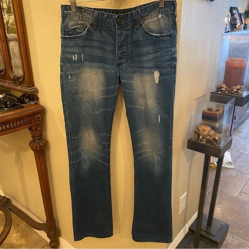 AFFLICTION Men Blue Distressed Ace Slim Straight Jeans Size 33